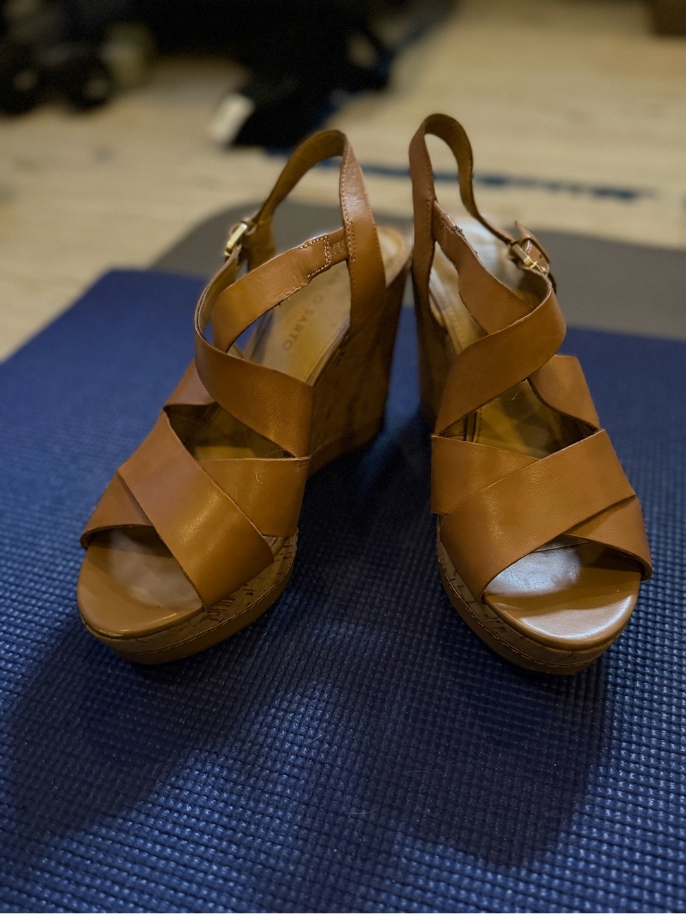 Franco Sarto Cognac Leather Crisscross Wedge Sandals